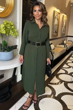 Olive Button Front Belted Shirt Midi Dress