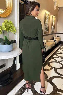 Olive Button Front Belted Shirt Midi Dress