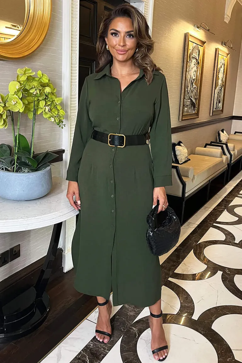 Olive Button Front Belted Shirt Midi Dress