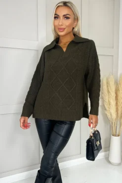 Olive Collared Cable Knit Jumper