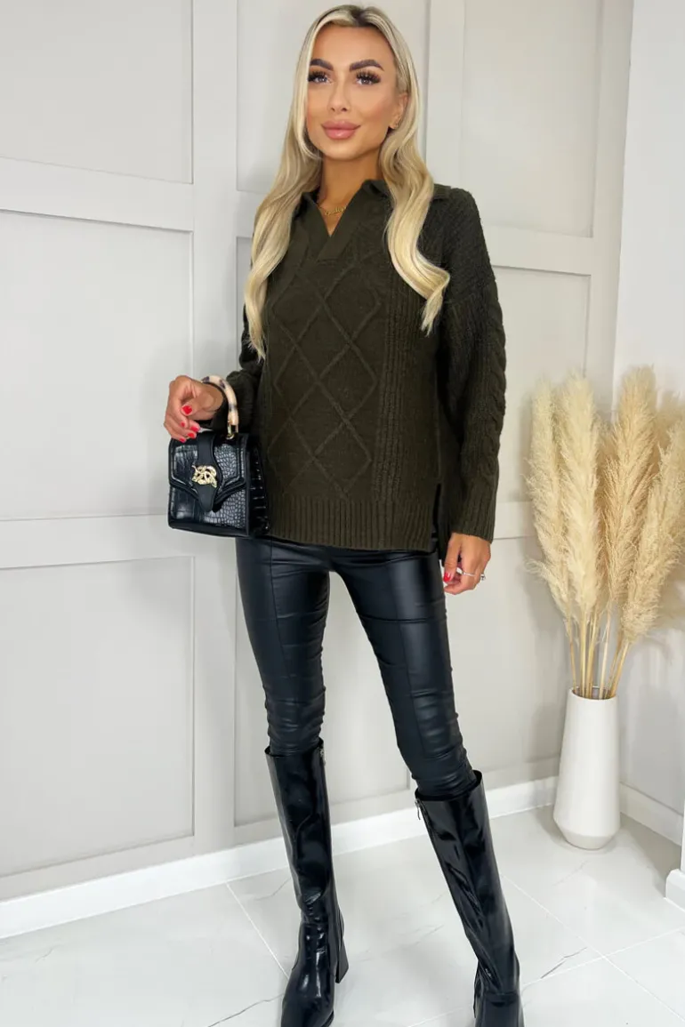 Olive Collared Cable Knit Jumper