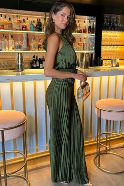 Olive Halter Neck Shirred Waist Pleated Jumpsuit