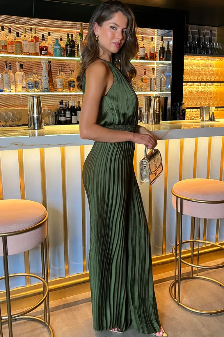 Olive Halter Neck Shirred Waist Pleated Jumpsuit