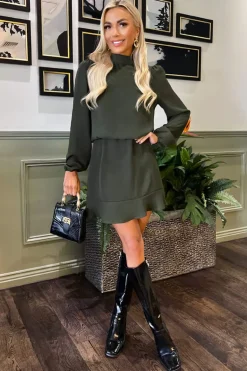 Olive High Neck Long Sleeve Mini Dress