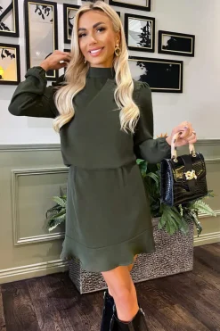 Olive High Neck Long Sleeve Mini Dress