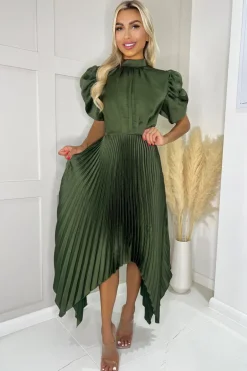 Olive High Neck Puff Sleeve Zig Zag Hem Pleated Midi Dress