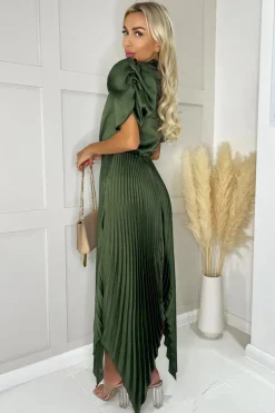 Olive High Neck Puff Sleeve Zig Zag Hem Pleated Midi Dress