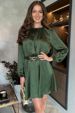 Olive Long Sleeve Belted Skater Mini Dress