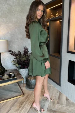 Olive Long Sleeve Belted Skater Mini Dress