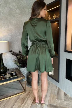 Olive Long Sleeve Belted Skater Mini Dress