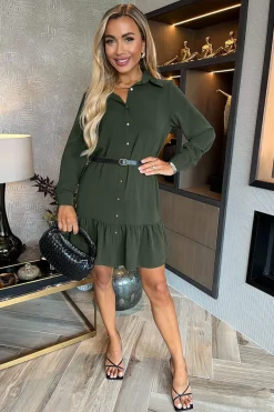 Olive Long Sleeve Frill Hem Shirt Mini Dress