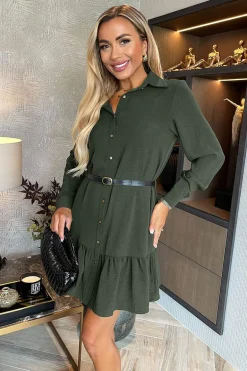 Olive Long Sleeve Frill Hem Shirt Mini Dress