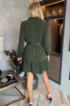 Olive Long Sleeve Frill Hem Shirt Mini Dress