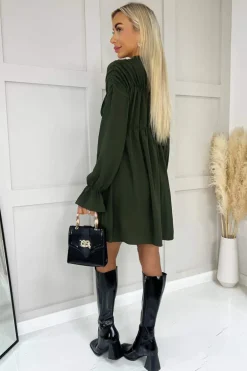 Olive Long Sleeve Gathered Detail Button Front Dress