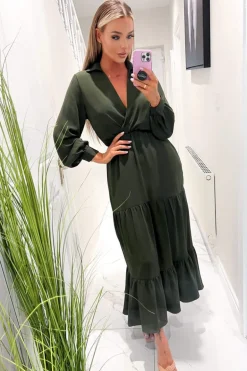 Olive Long Sleeve Wrap Top Smock Midi Dress