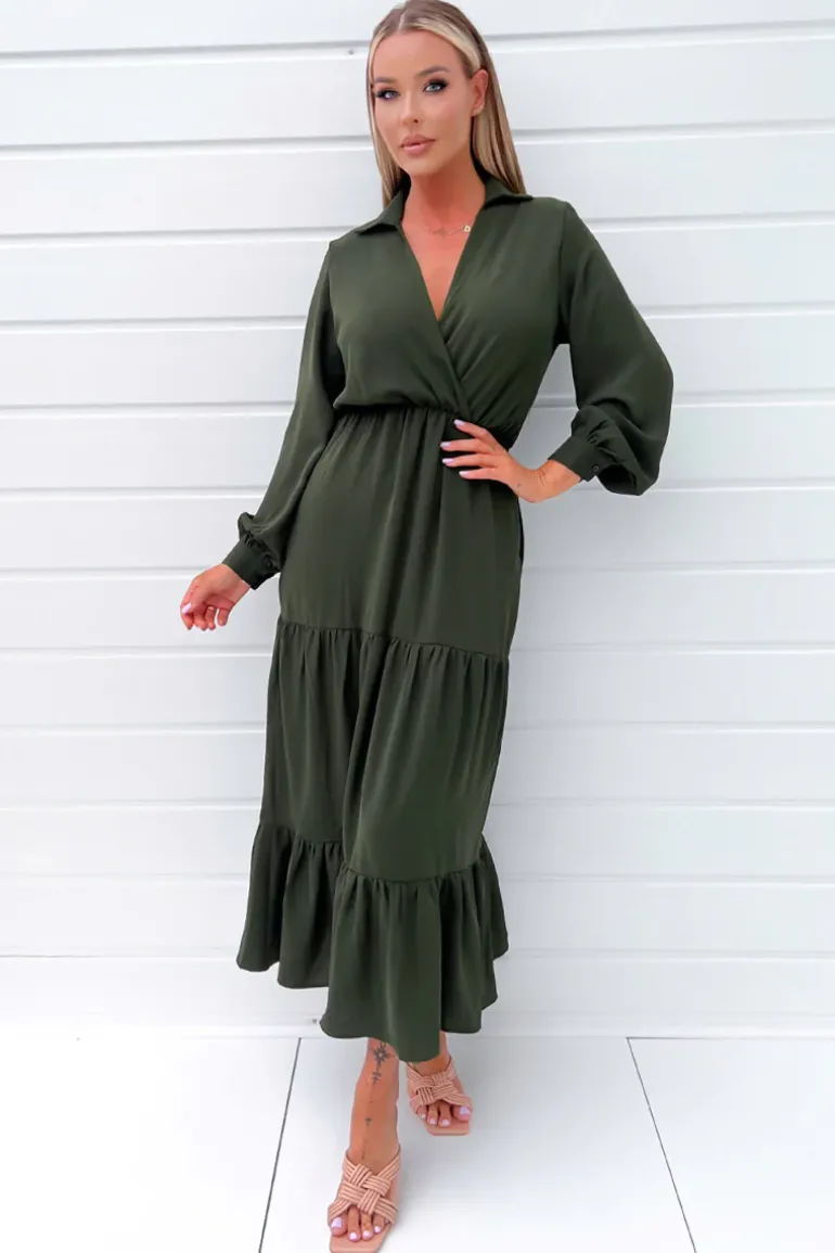 Olive Long Sleeve Wrap Top Smock Midi Dress