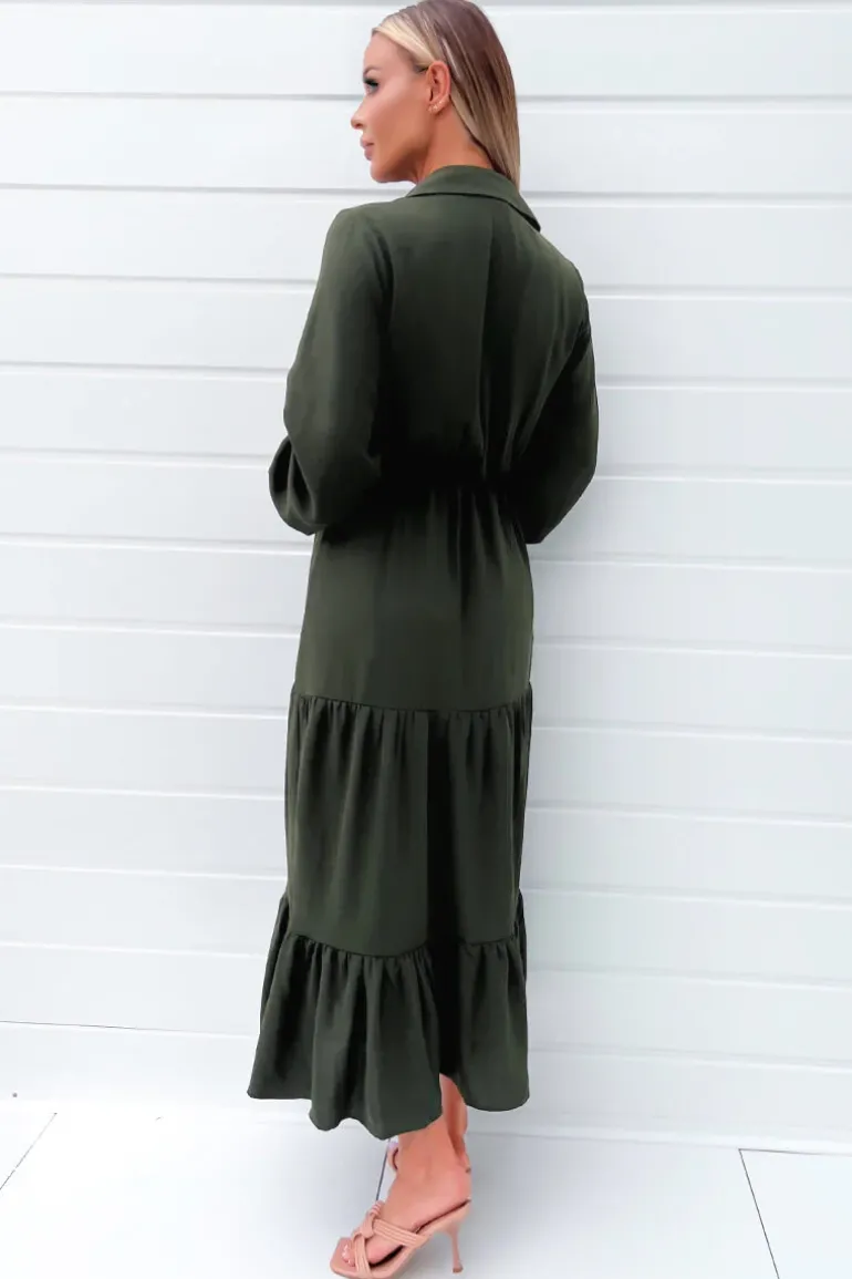 Olive Long Sleeve Wrap Top Smock Midi Dress