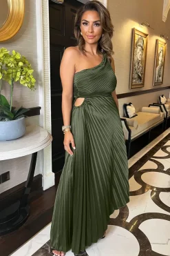 Olive One Shoulder Pleated Satin Midi Dress