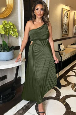 Olive One Shoulder Pleated Satin Midi Dress