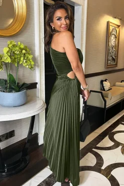 Olive One Shoulder Pleated Satin Midi Dress