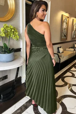 Olive One Shoulder Pleated Satin Midi Dress