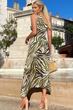 Olive Print Asymmetric Cut Out Midi Dress