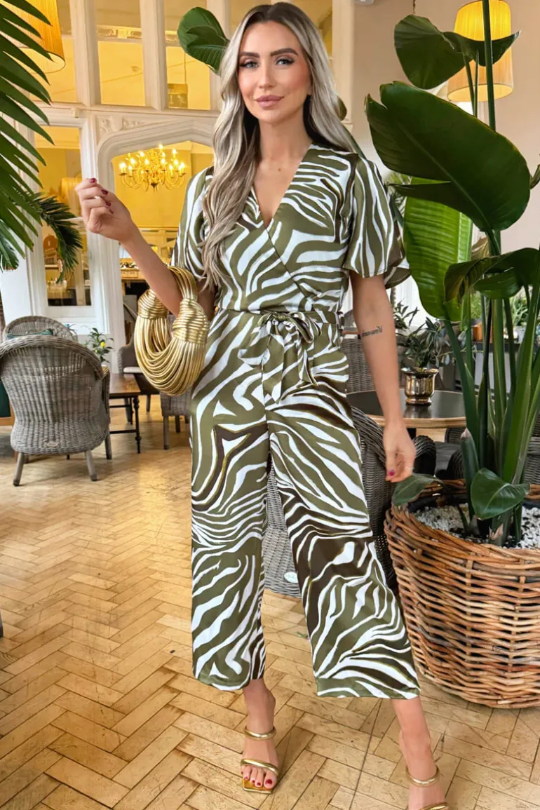Olive Print Wrap Top Tie Waist Jumpsuit