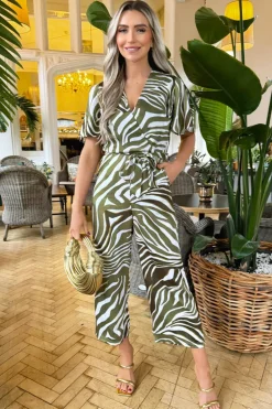 Olive Print Wrap Top Tie Waist Jumpsuit