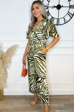 Olive Print Wrap Top Tie Waist Jumpsuit