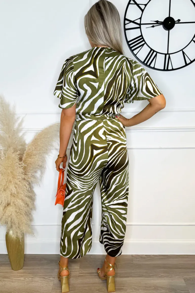 Olive Print Wrap Top Tie Waist Jumpsuit