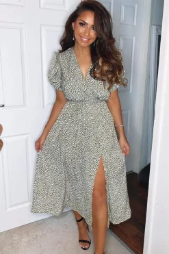 Olive Printed Tie Waist Midi Dress