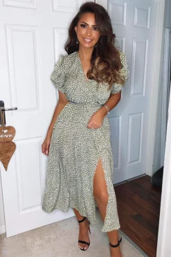 Olive Printed Tie Waist Midi Dress