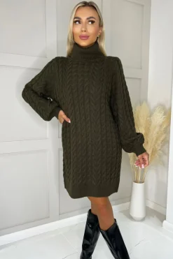 Olive Roll Neck Cable Knit Dress