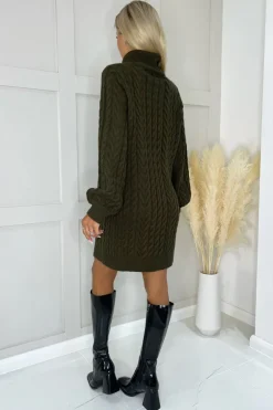 Olive Roll Neck Cable Knit Dress