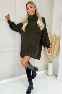 Olive Roll Neck Knitted Mini Dress