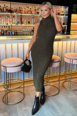 Olive Roll Neck Sleeveless Cable and Ribbed Knit Midi Dress
