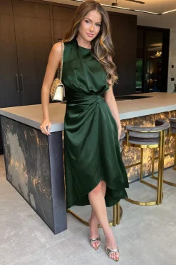 Olive Round Neck Shoulder Pads Gathered Midi Dress