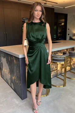 Olive Round Neck Shoulder Pads Gathered Midi Dress