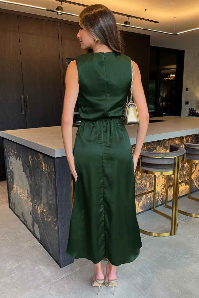 Olive Round Neck Shoulder Pads Gathered Midi Dress