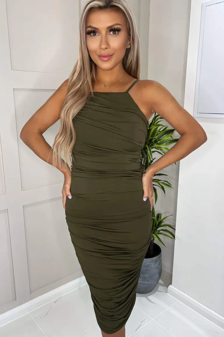 Olive Ruched Pleated Top Midi Dress
