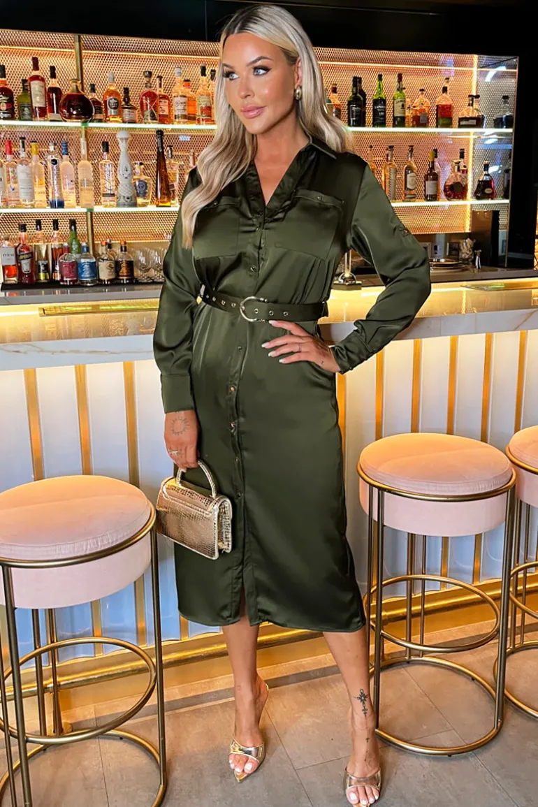 Olive Satin Belted 3/4 Sleeve Gold Buttons Shirt Midi Dress