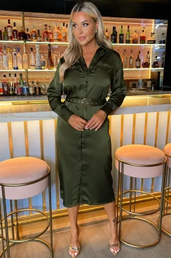 Olive Satin Belted 3/4 Sleeve Gold Buttons Shirt Midi Dress