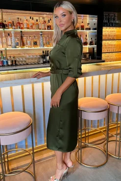 Olive Satin Belted 3/4 Sleeve Gold Buttons Shirt Midi Dress