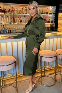 Olive Satin Belted 3/4 Sleeve Gold Buttons Shirt Midi Dress