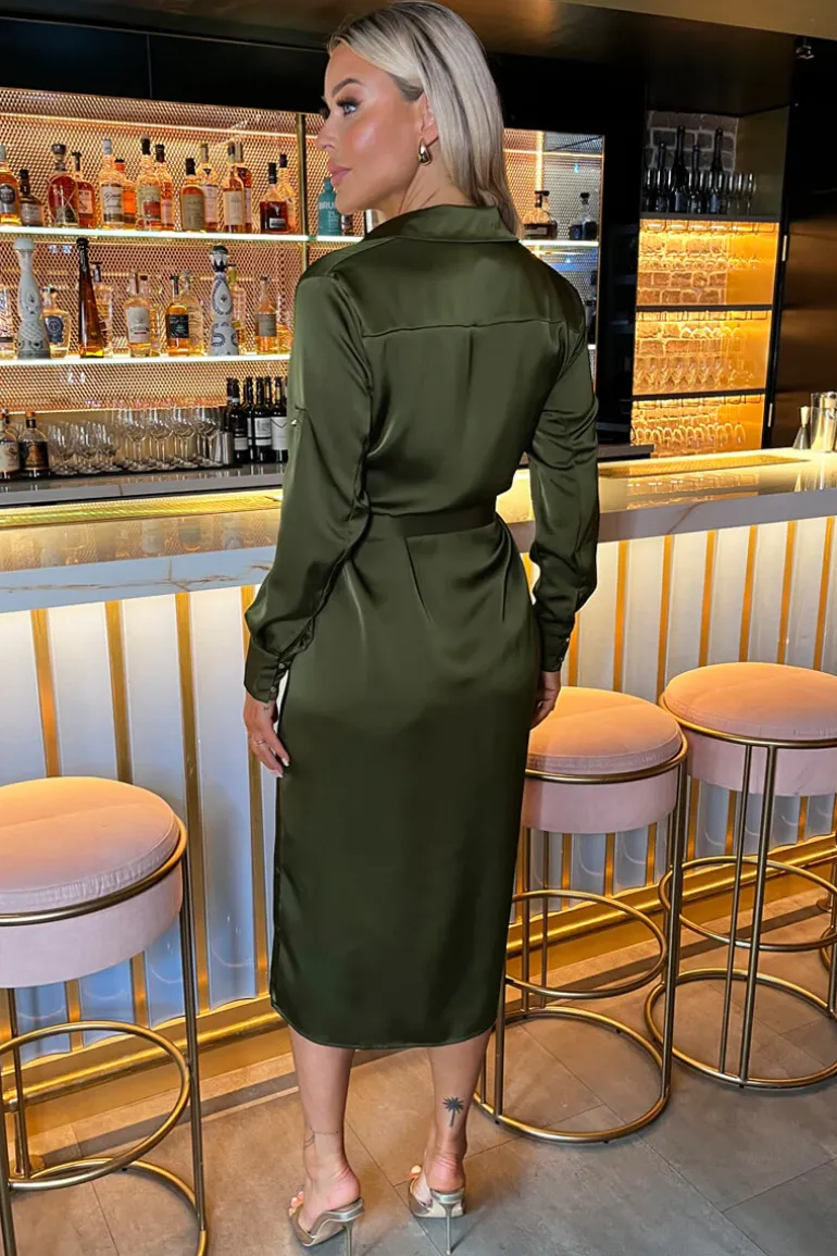 Olive Satin Belted 3/4 Sleeve Gold Buttons Shirt Midi Dress
