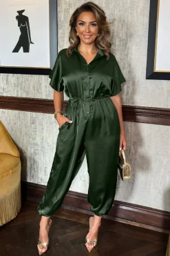 Olive Satin Button Front Collared Tie Waist Jumpsuit