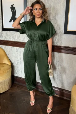 Olive Satin Button Front Collared Tie Waist Jumpsuit