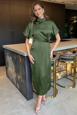 Olive Satin High Neck Wrap Skirt Midi Dress
