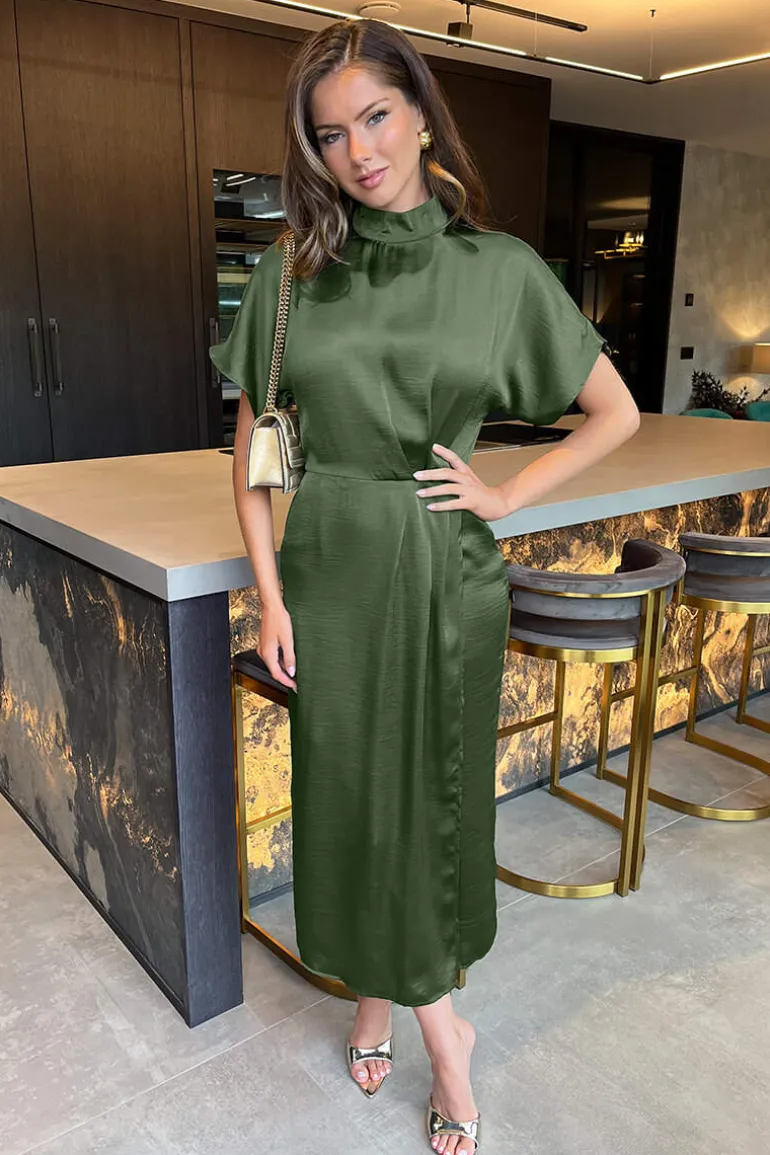 Olive Satin High Neck Wrap Skirt Midi Dress