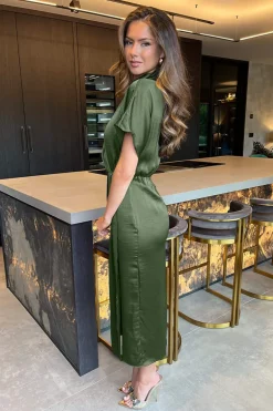 Olive Satin High Neck Wrap Skirt Midi Dress